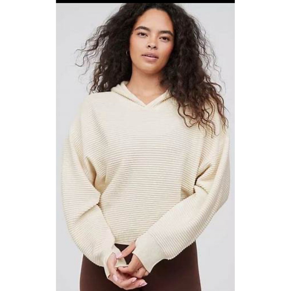 Offline Aerie Home Stretch Hooded Ribbed Sweatshirt Pullover Hoodie Cream Sz L